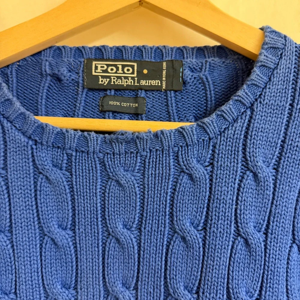 Polo Ralph Lauren Blue Cable Knit Chunk Sweater Mens XL Golf Crest‎ Ivy Vintage